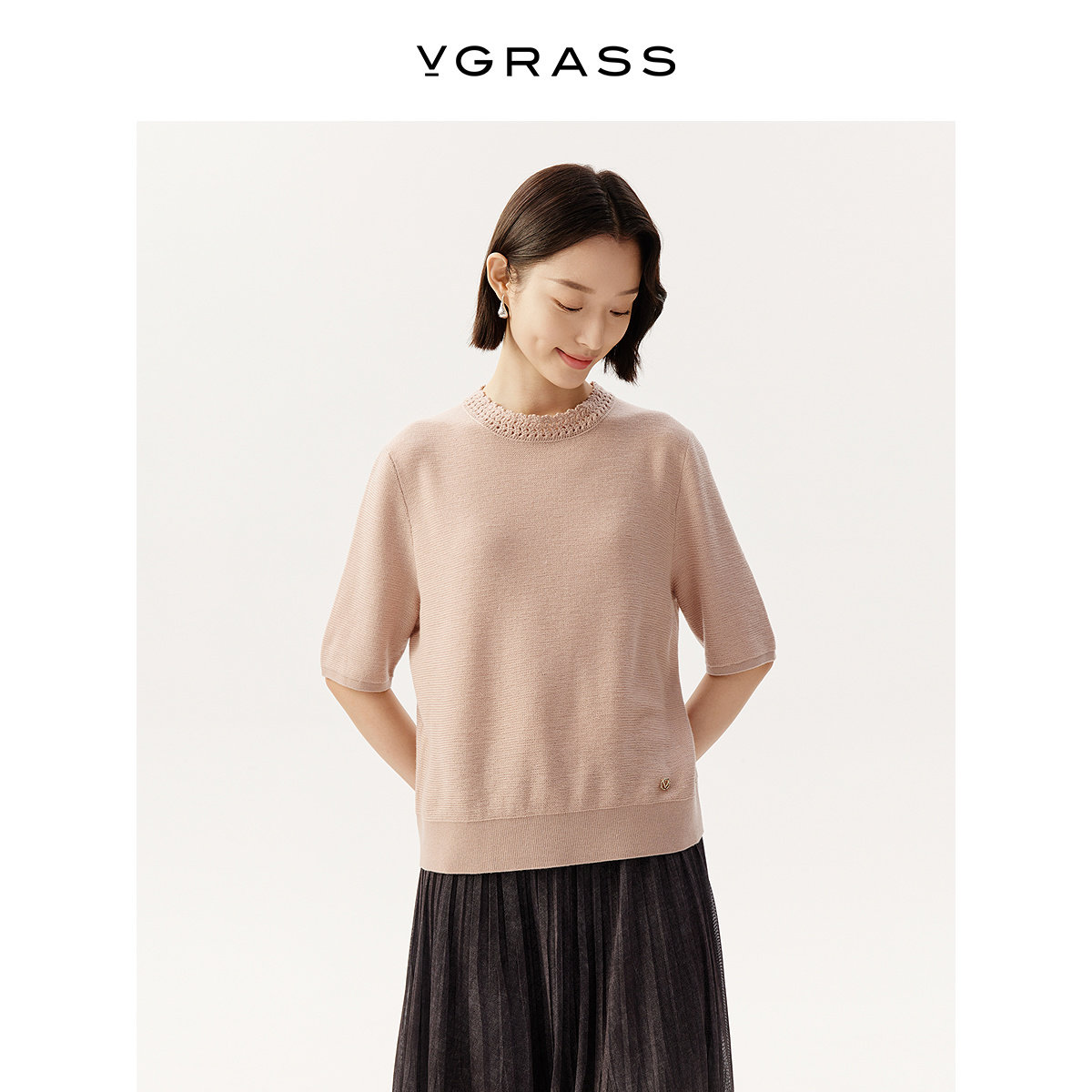 VGRASS100绵羊毛手钩领短袖针织