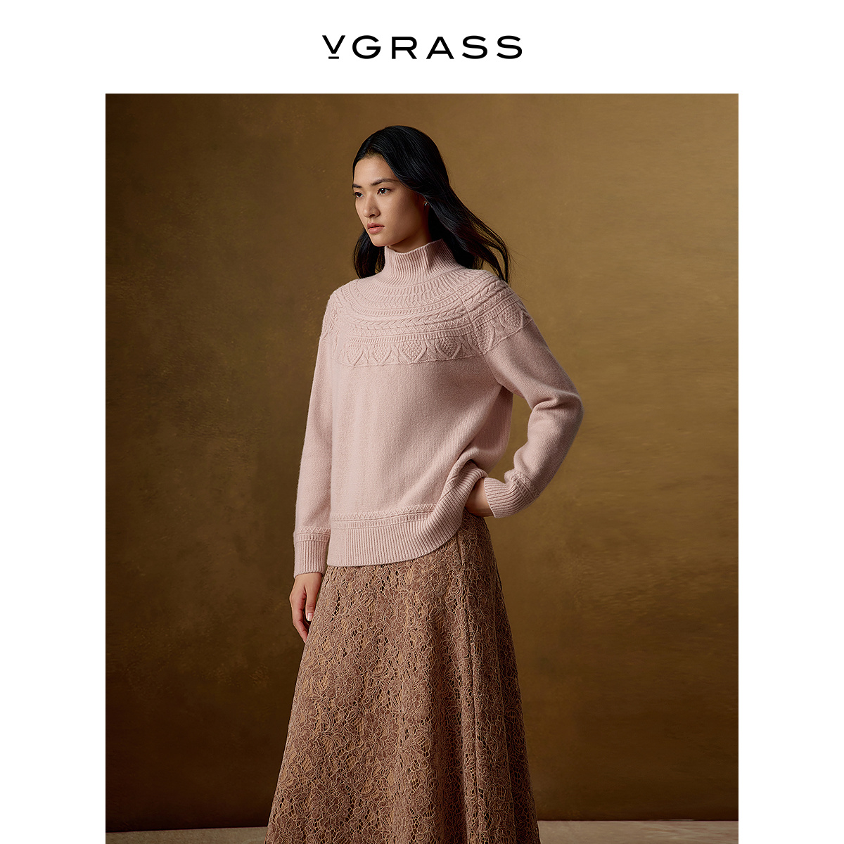 VGRASS阿拉善羊绒绞花云肩针织衫