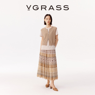 VGRASS秋冬新款 定位印花拼接重工绣花边12MM乔其A字半身裙长裙