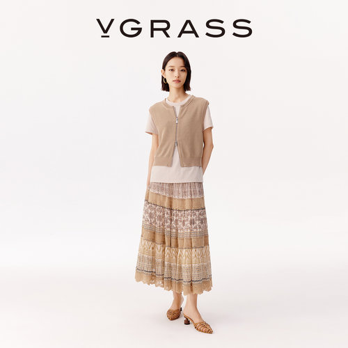 VGRASS定位印花拼接12MM乔其半裙