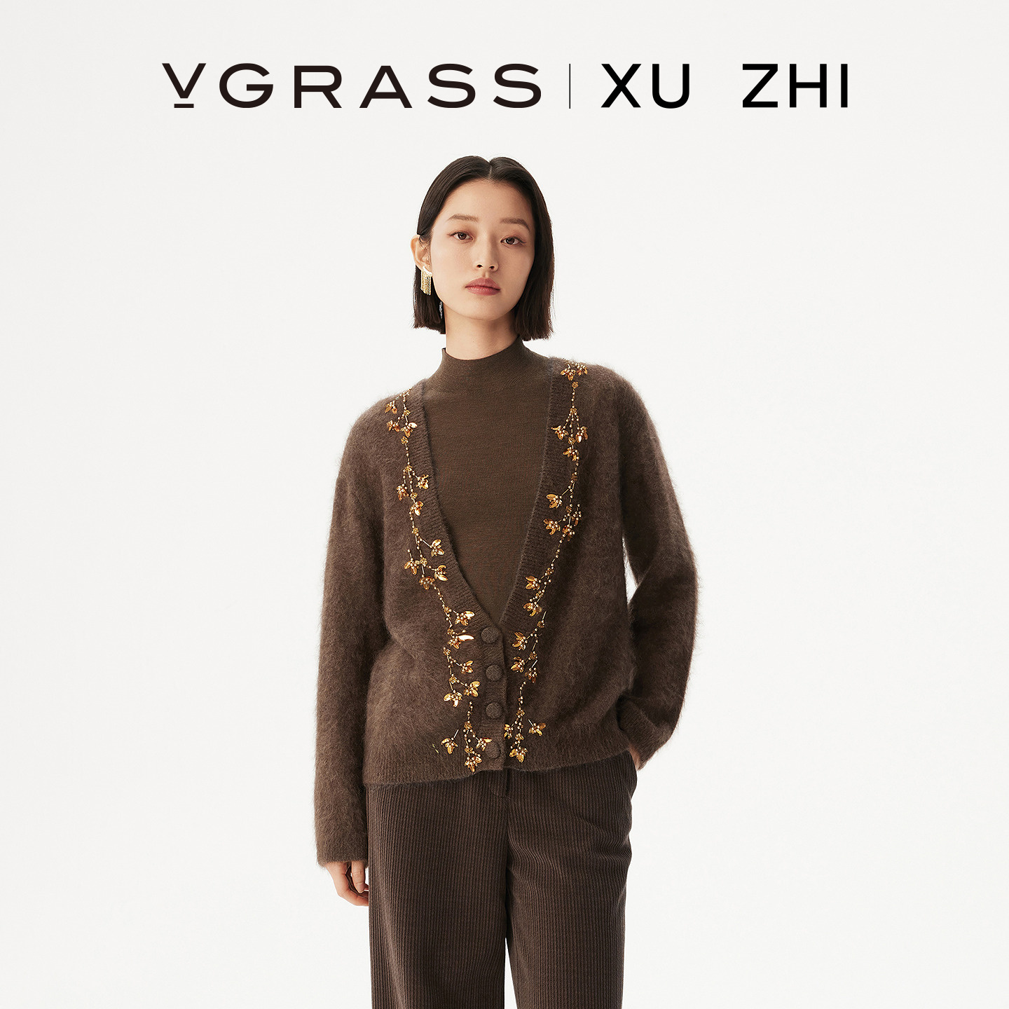 VGRASS纯手工钉珠绣牦牛绒毛衣