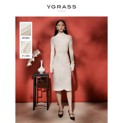 VGRASS中式提花不规则门襟半裙