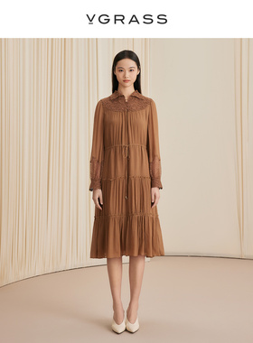 VGRASS维格娜丝秋季12姆米真丝顺纡绉水溶刺绣层叠塔裙设计连衣裙