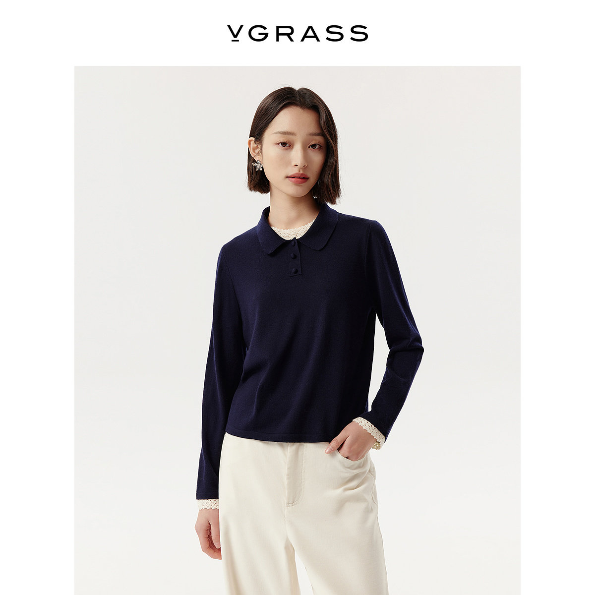 VGRASS羊毛翻领手钩撞色针织衫