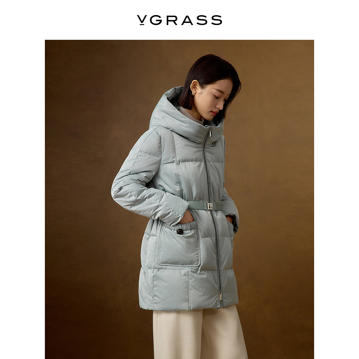 VGRASS6分长鹅绒羽绒服