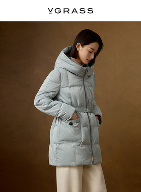VGRASS维格娜丝冬季时尚湖蓝色羽绒大衣中长款连帽90白鹅绒羽绒服