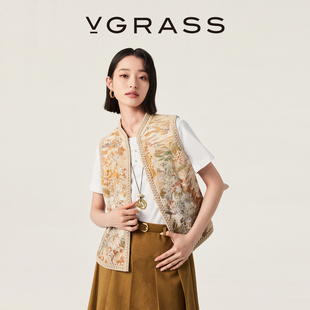 VGRASS26早春新款粗纺感高支棉定位绣叠珠绣艺术马甲百搭可叠穿女
