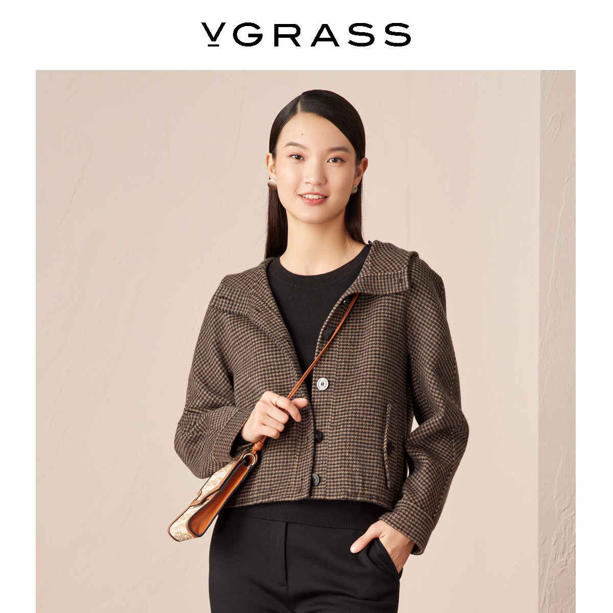 VGRASS维格娜丝冬季新款毛呢外套女千鸟格短款外套VSDYM42010