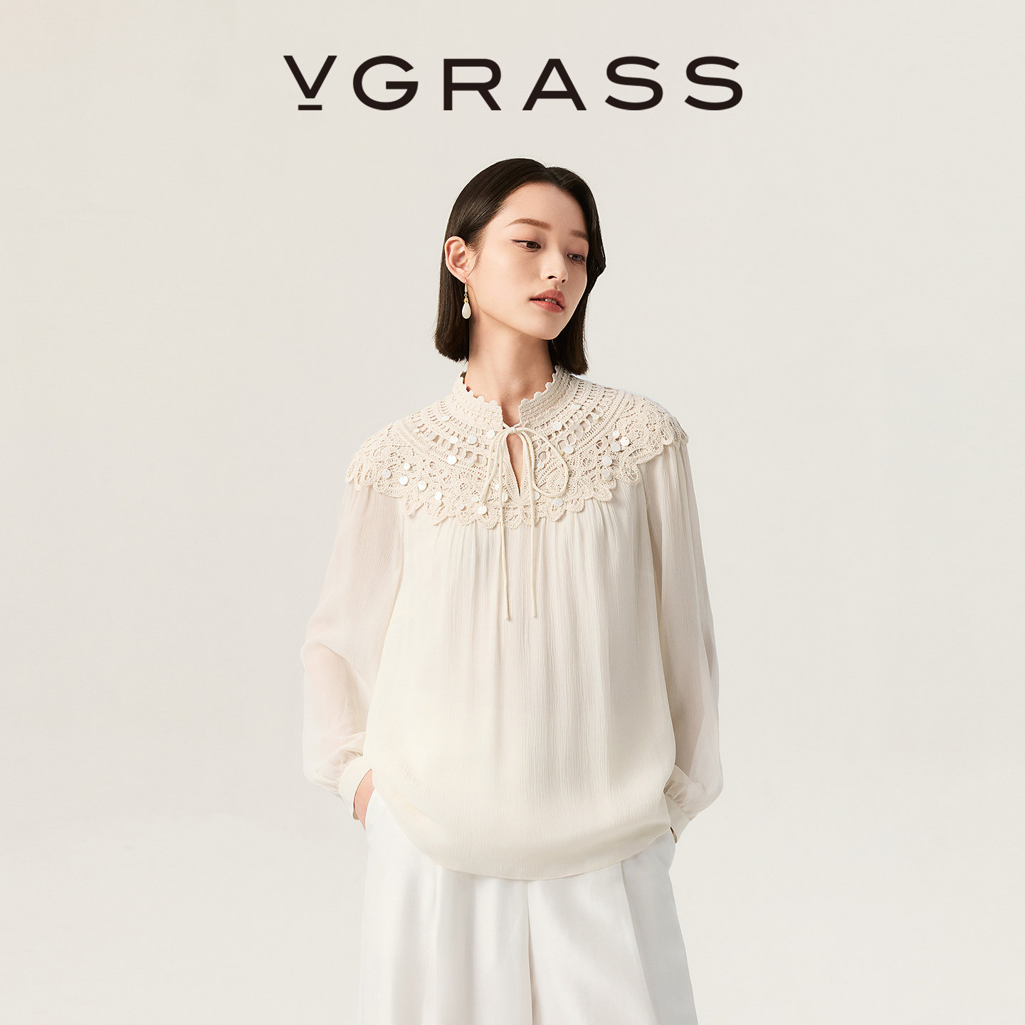 VGRASS维格娜丝26夏季新品重工水溶刺绣桑蚕丝乔其云肩衬衫假日感