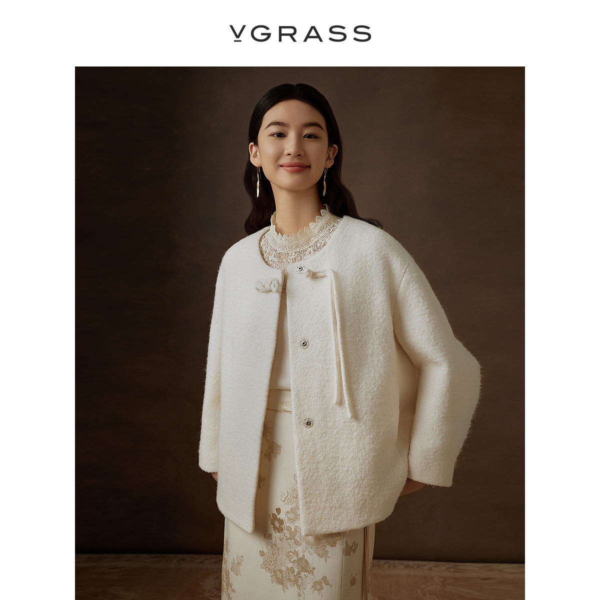 VGRASS绵羊毛短款国风毛呢外套