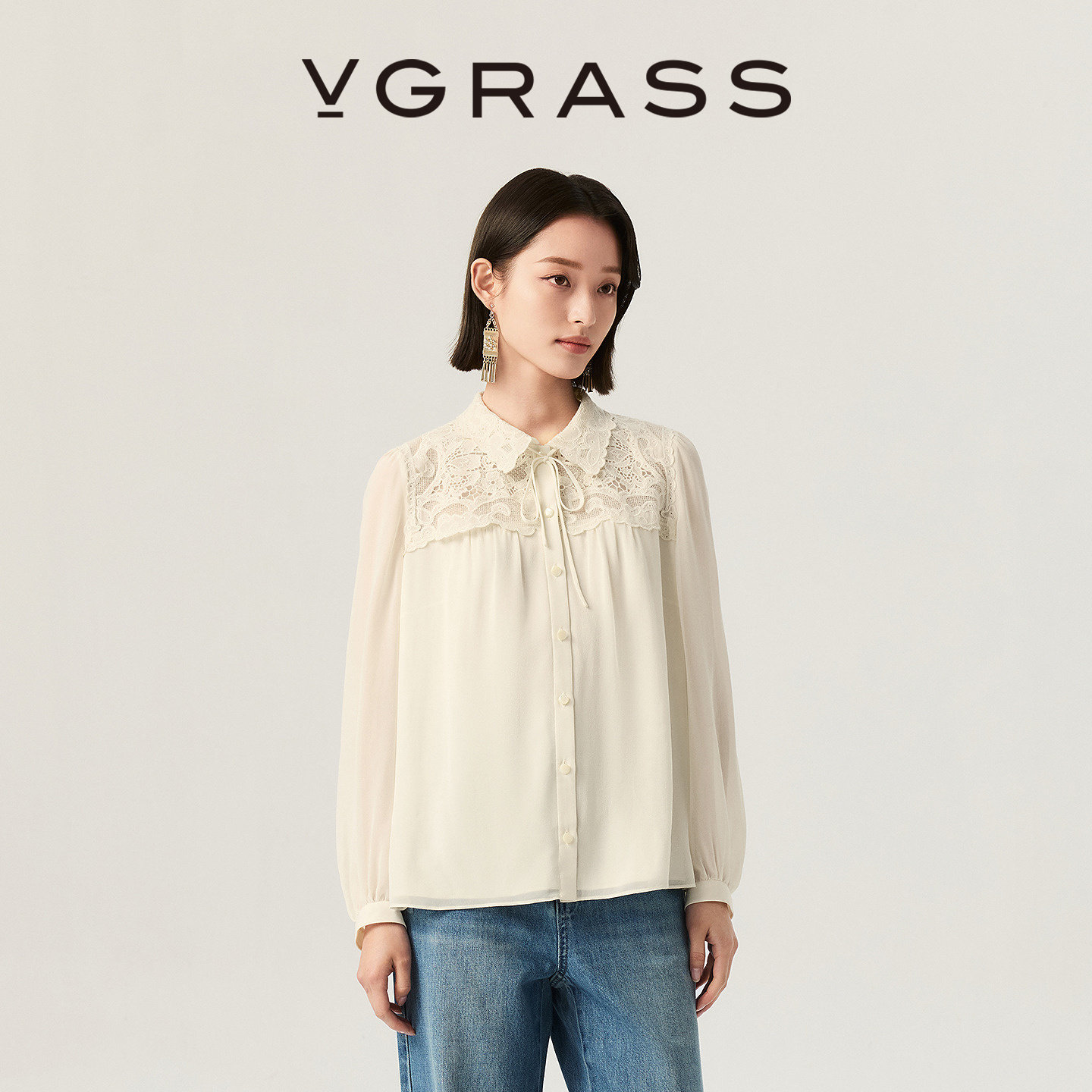 VGRASS维格娜丝26夏季新款镂空蕾丝真丝乔其翻领艺术衬衫宽松版女
