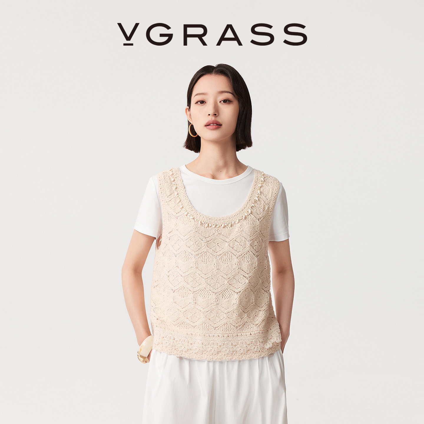 VGRASS维格娜丝26夏季新款双层织棉带子纱手工钉珠贝艺术针织马甲