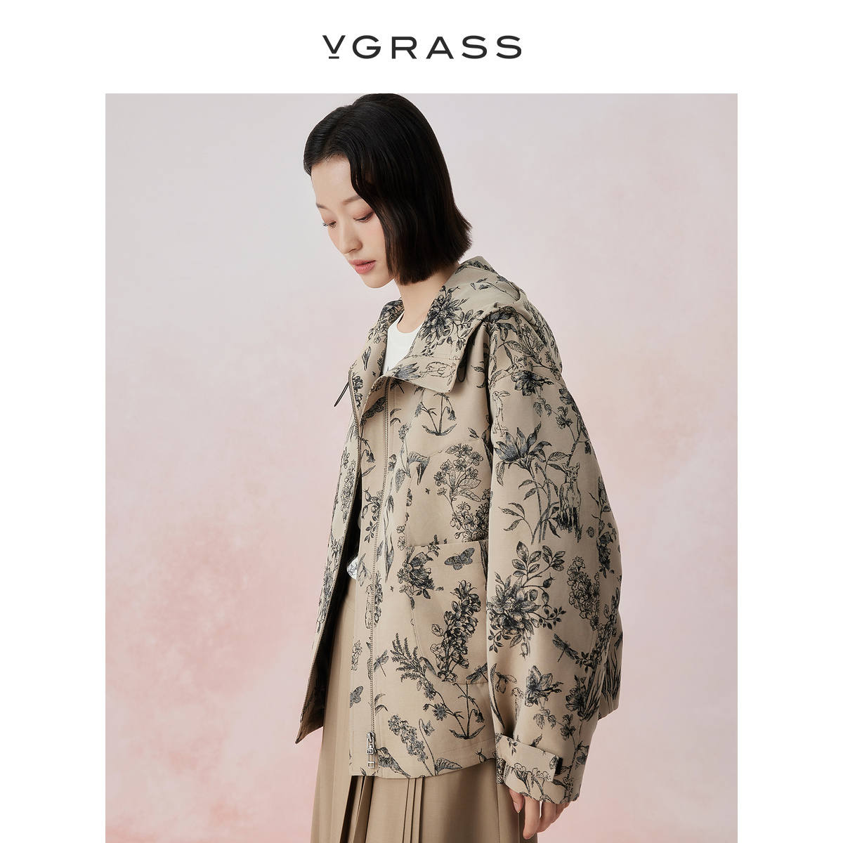 VGRASS优雅中式提花抽绳连帽外套