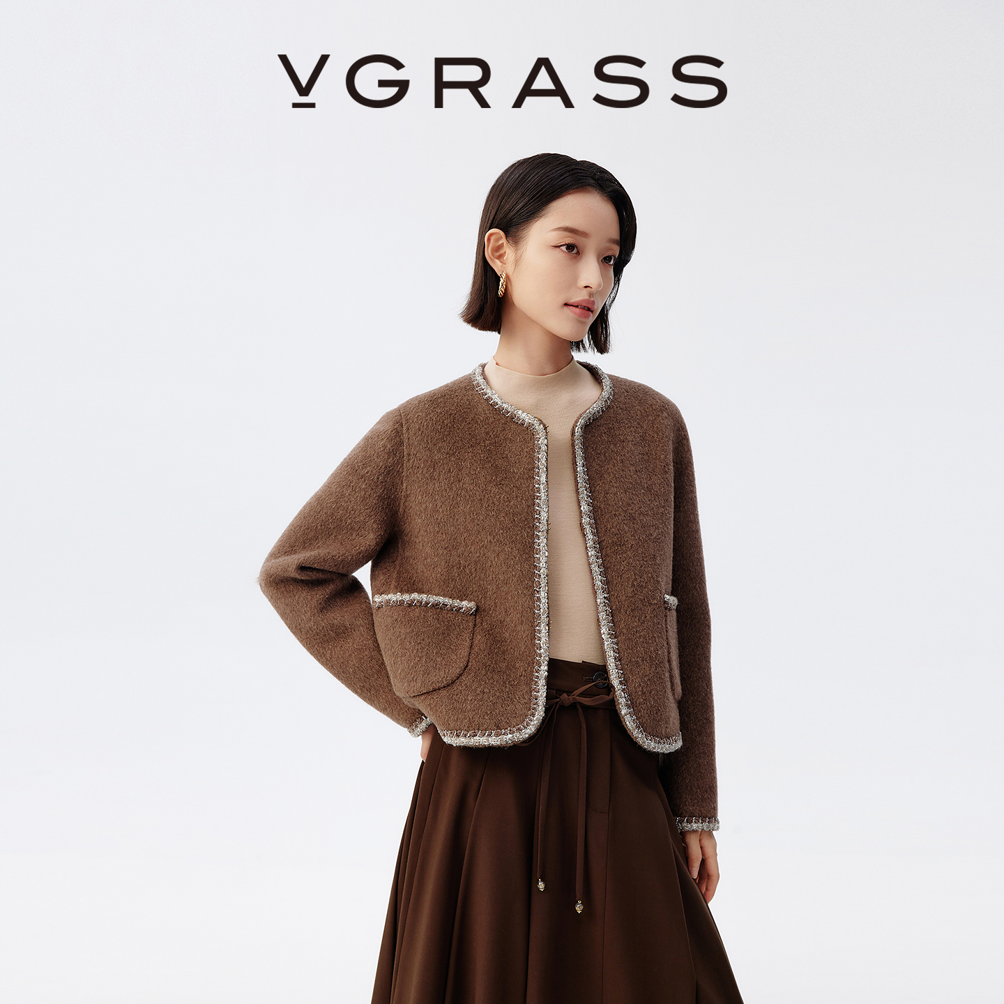 VGRASS丝羊毛兔毛混纺coco外套女