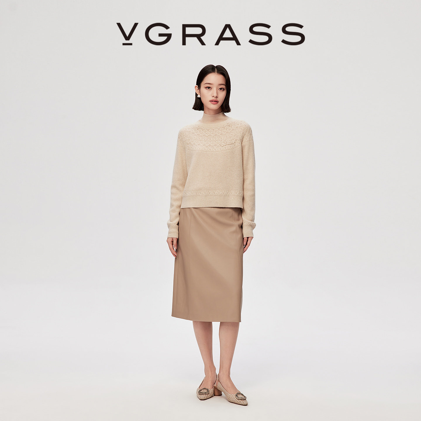 VGRASS26早春新款仿小羊皮手感PU皮立体明线A字半身裙中长裙