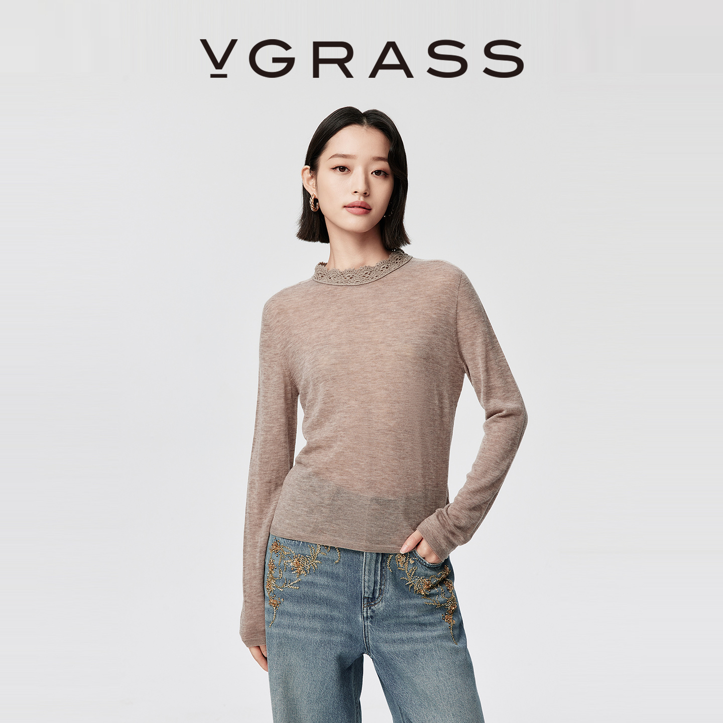 VGRASS绵羊毛手钩蕾丝领打底衫