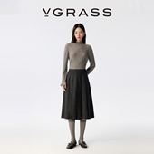 时髦夹花色织羊毛立体压褶半身裙6分裙长A字半裙 VGRASS25秋冬新款