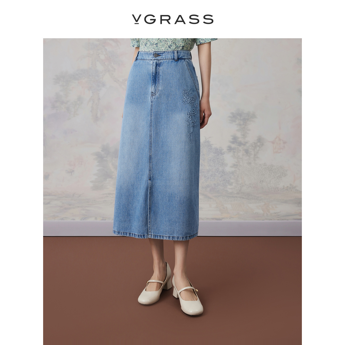 VGRASSA字休闲莱赛尔棉混纺半裙