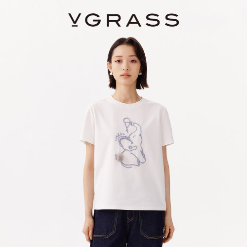 VGRASS趣味绣花手钉毛球T恤