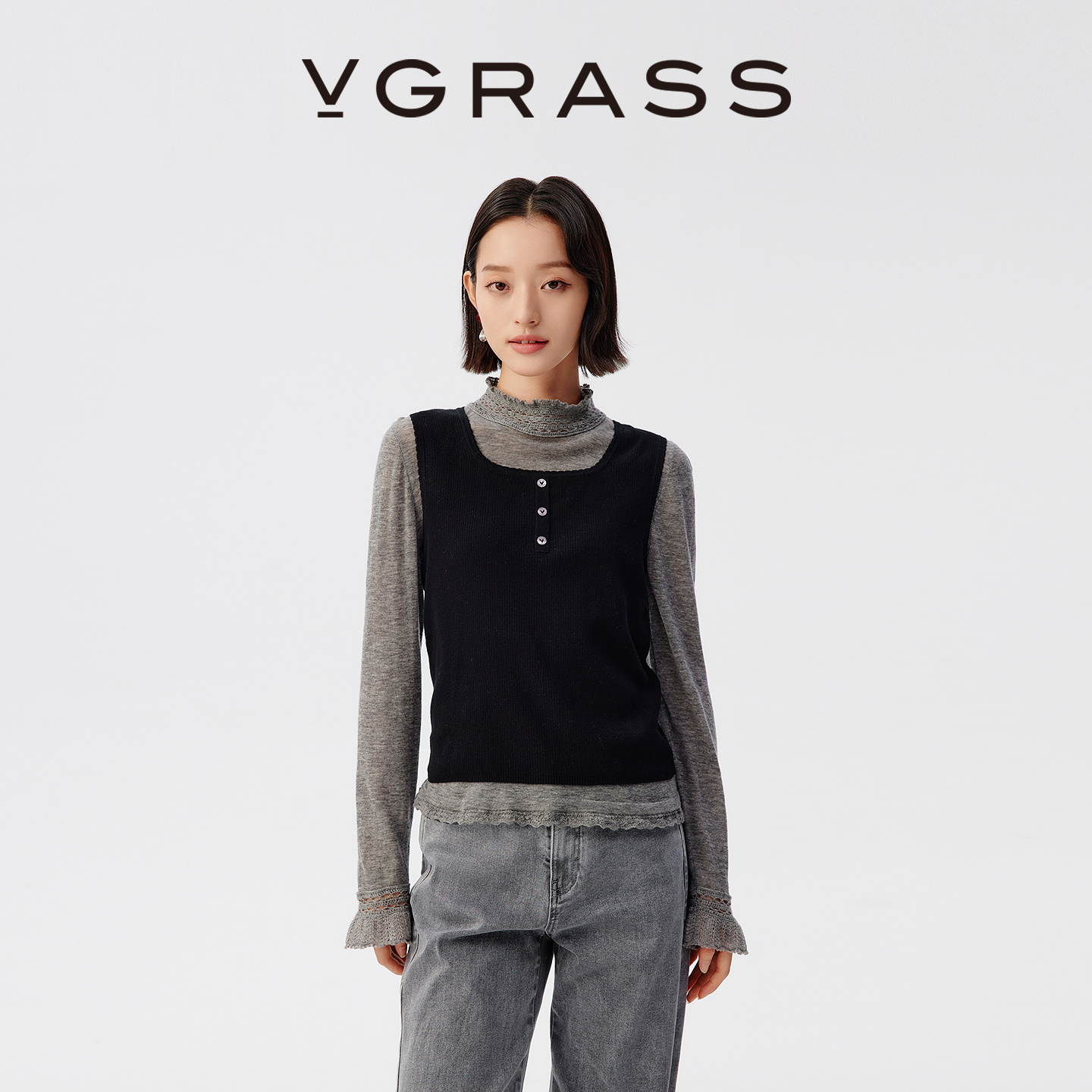 VGRASS自然棉纤维复古方领背心
