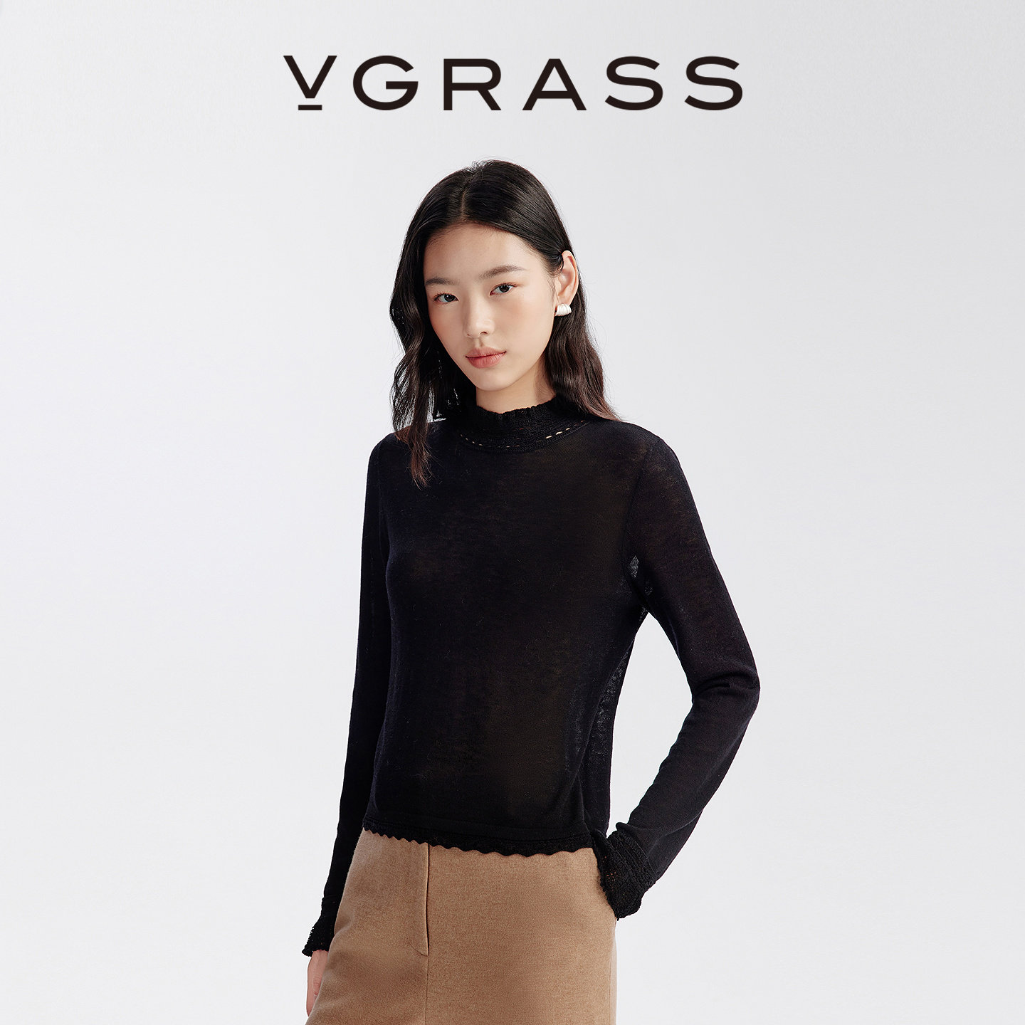 【WISH系列】VGRASS秋冬新款新超细水溶羊毛手工钩针针织衫女上衣