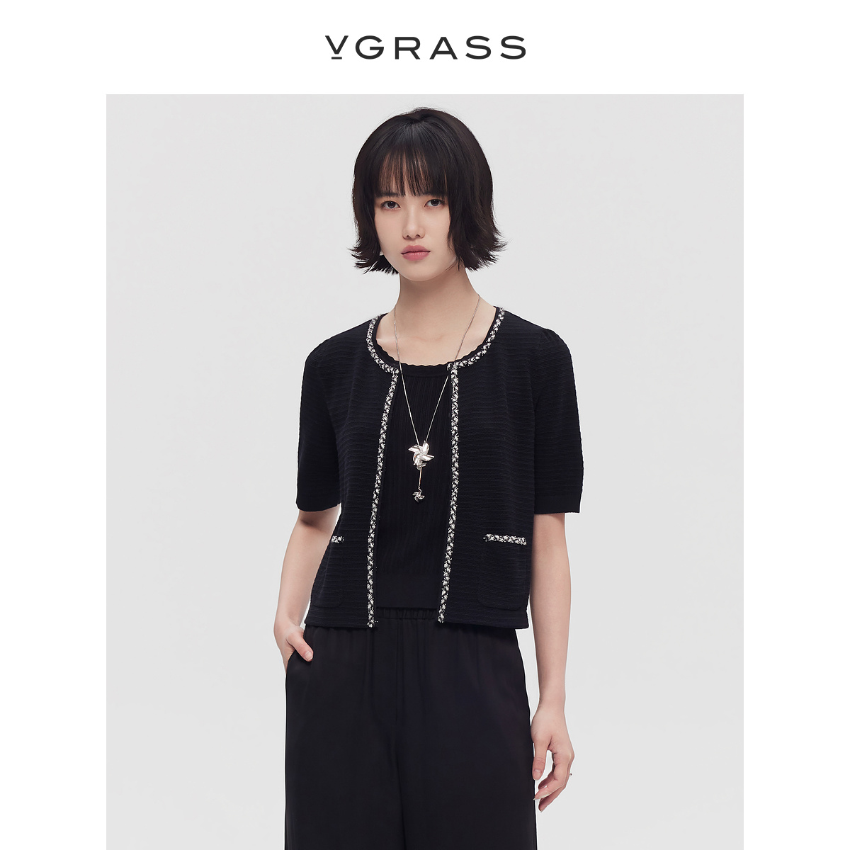 VGRASS拼接撞色织带针织开衫