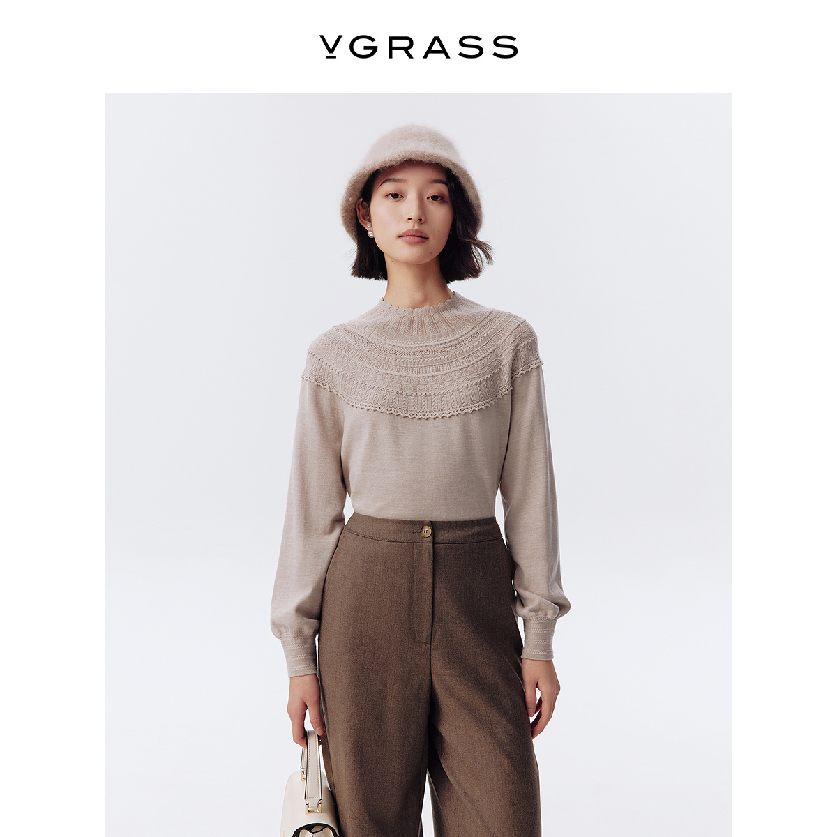 VGRASS绵羊毛艺术绞花针织衫