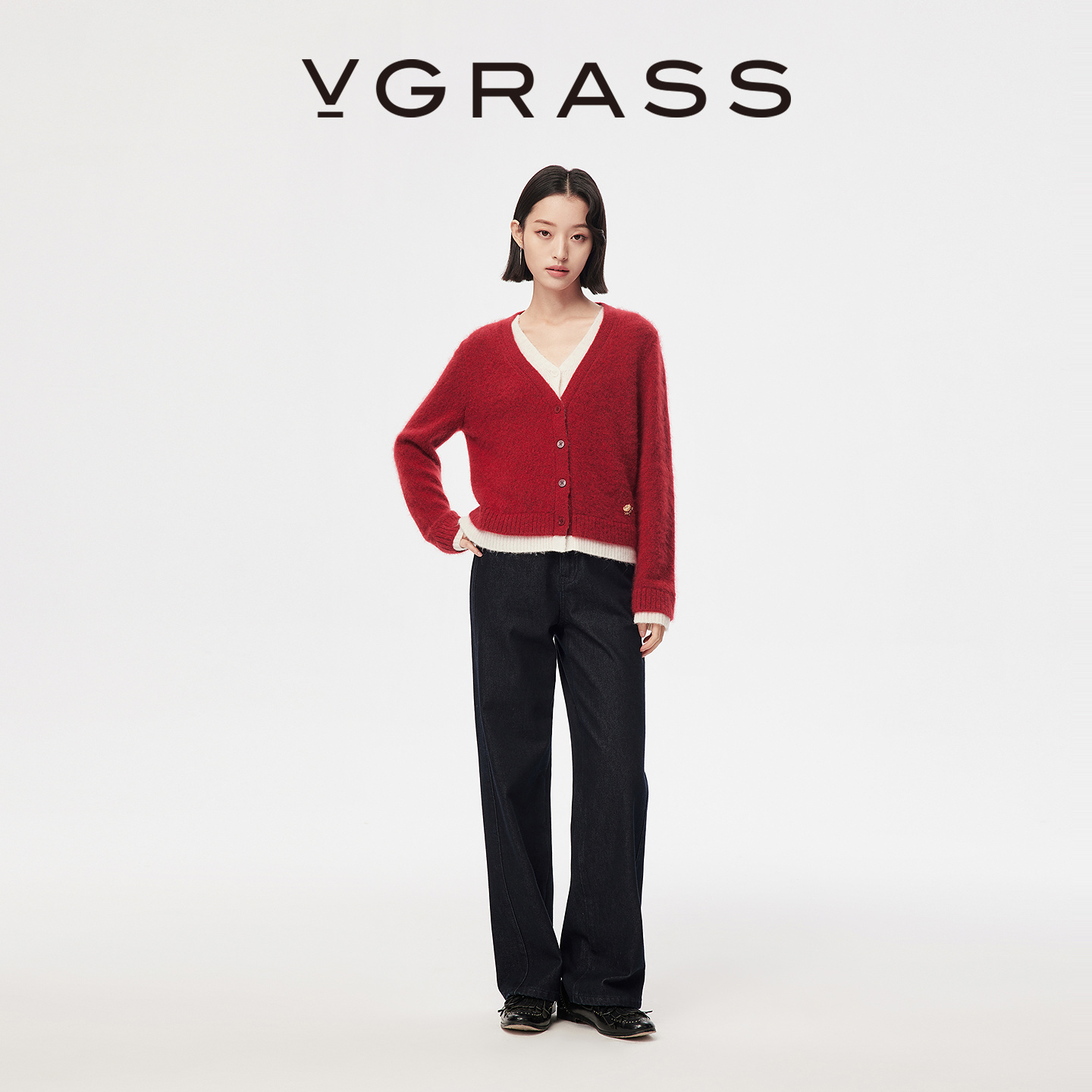 VGRASS棉混纺抓毛牛仔裤