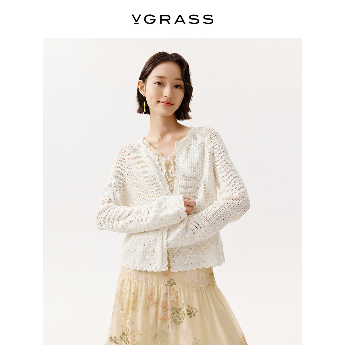 VGRASS和纸纱镂空肌理针织开衫