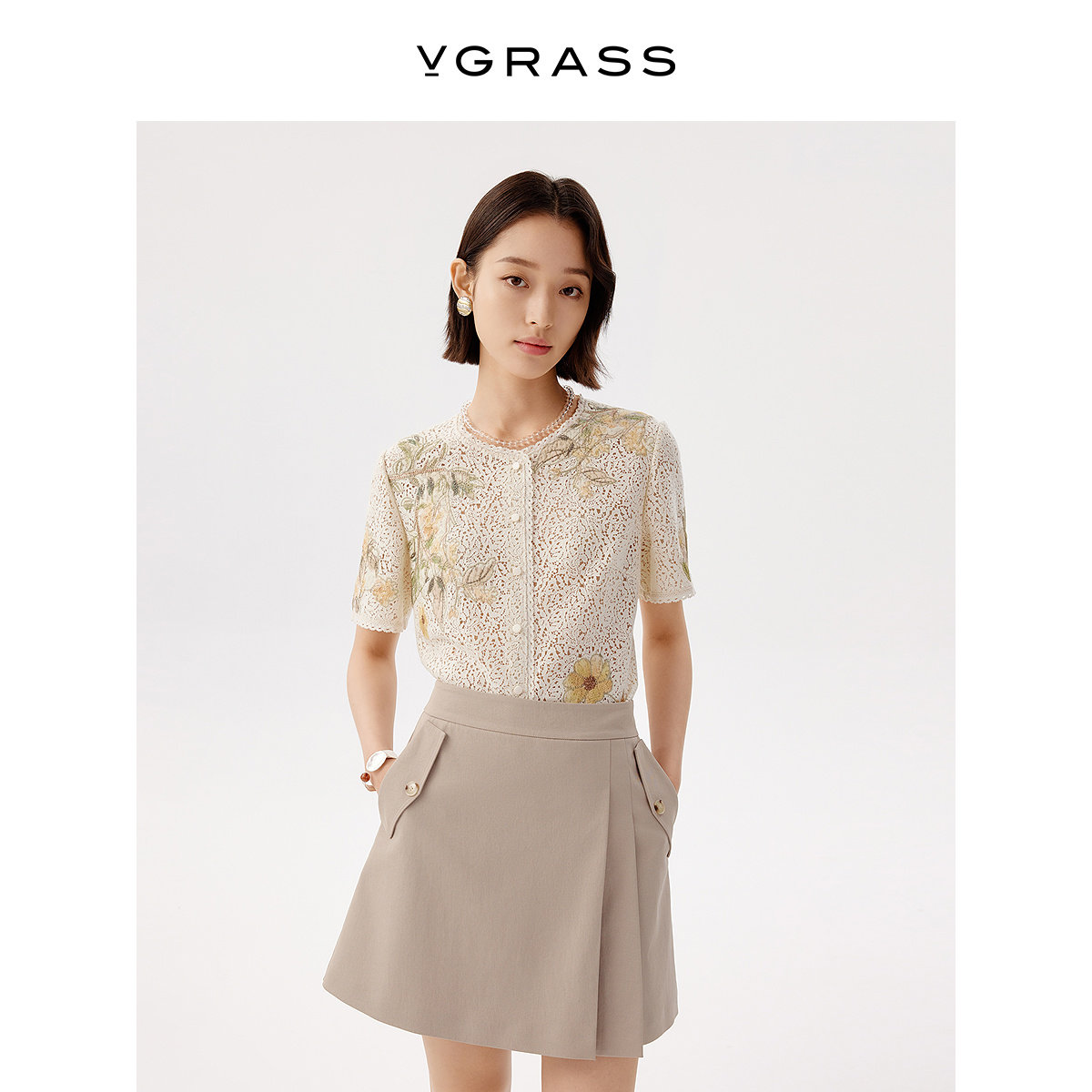 VGRASS水溶蕾丝圆立领衬衫