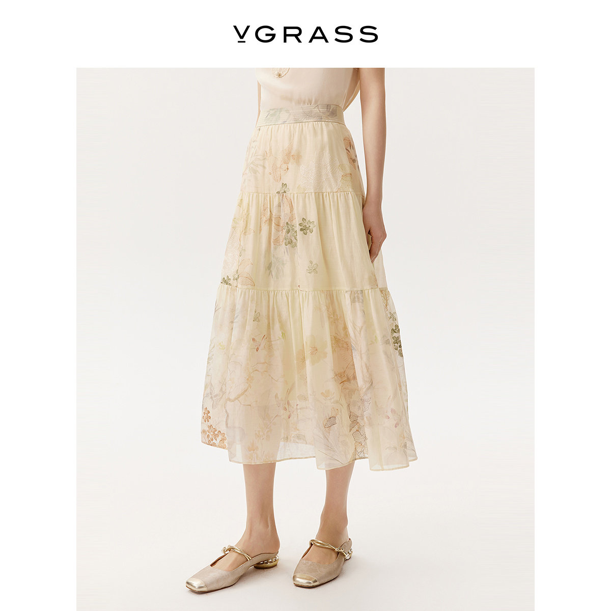 VGRASS印花叠绣丝绵纺拼接半裙