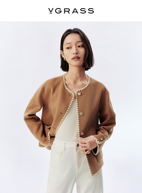 VGRASS维格娜丝24年冬新款VSD1P4836D撞色贝壳绣边羊毛呢短外套