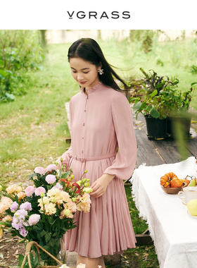 VGRASS维格娜丝秋季12姆米真丝乔其桑蚕丝立体裁片拼接粉色连衣裙