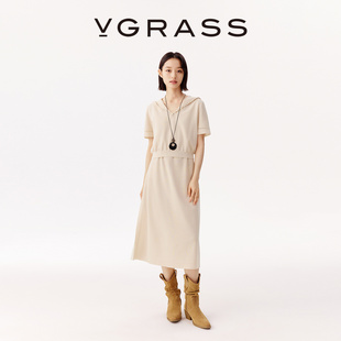 VGRASS秋冬新款 针梭镶拼连衣裙两件套设计连衣裙长裙 针织罩衫