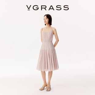 不规则立体褶浪漫显瘦仿麻肌理A字吊带长裙 VGRASS25早秋新款