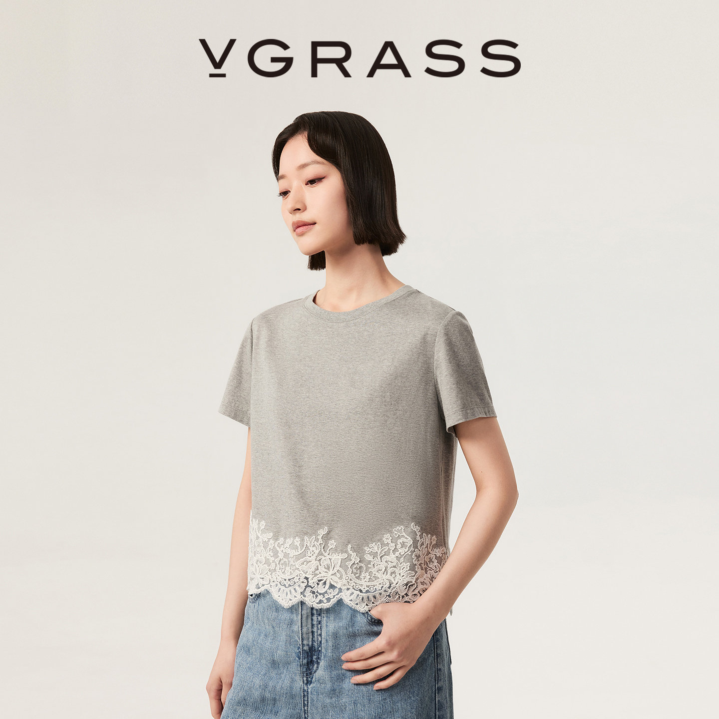 VGRASS维格娜丝26夏季新品精致优雅蕾丝拼接芭蕾风全棉T恤短袖女
