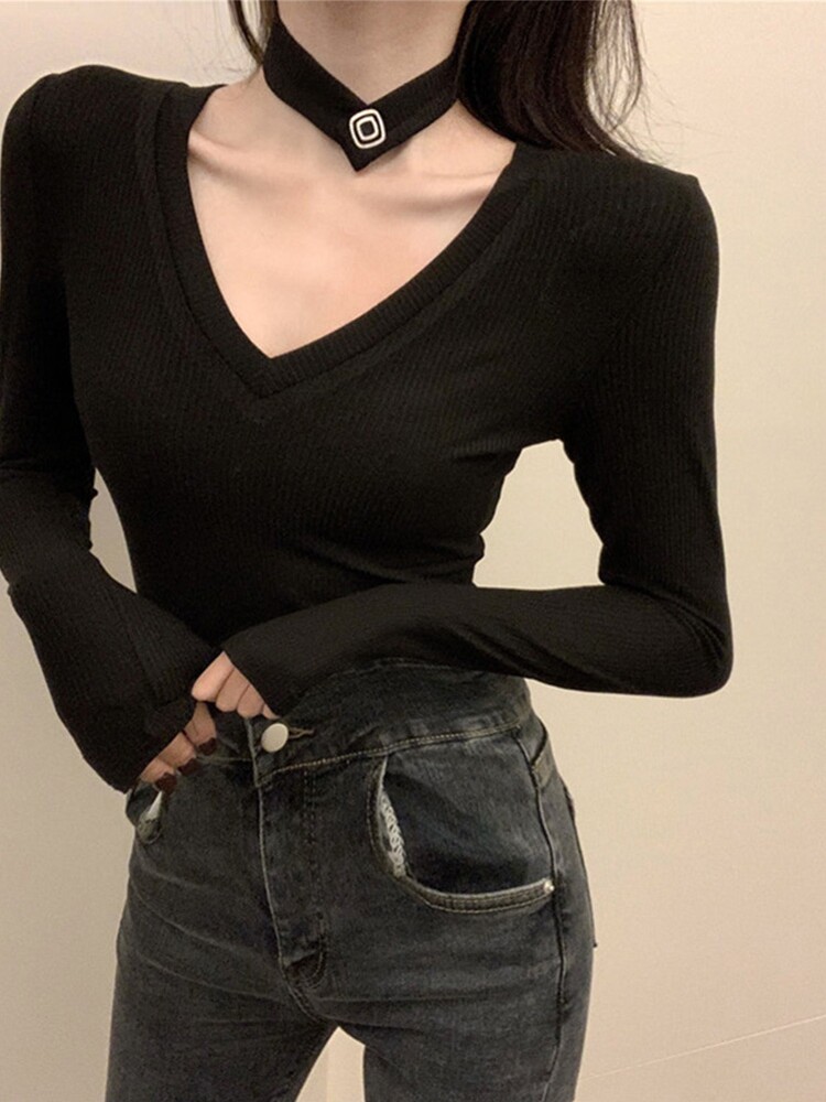 Large halter V-neck Internal lap Base coat 2020 new pattern Korean Edition spring and autumn Rhinestone Buckle Long sleeve Self cultivation jacket T-shirtin the Women's clothing/Boutique , Large size women  category - from Buy2taobao.com to provide professional Taobao agent buy service