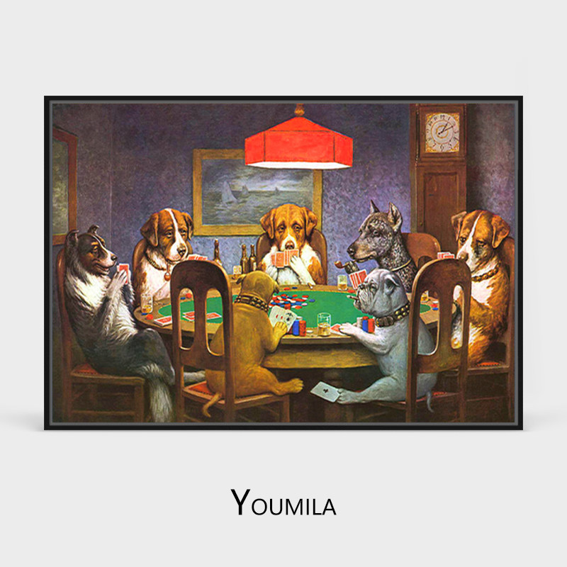 狗狗party客厅卧室会所挂画沙发背景墙画狗玩扑克台球博彩装饰画