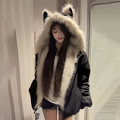韩系座山雕猫耳朵棉服外套可爱甜美厚实保暖棉衣棉袄女款 加厚 冬季