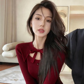 上衣 毛衣内搭打底衫 小香风新年红色蝴蝶结针织衫 女秋冬设计感修身