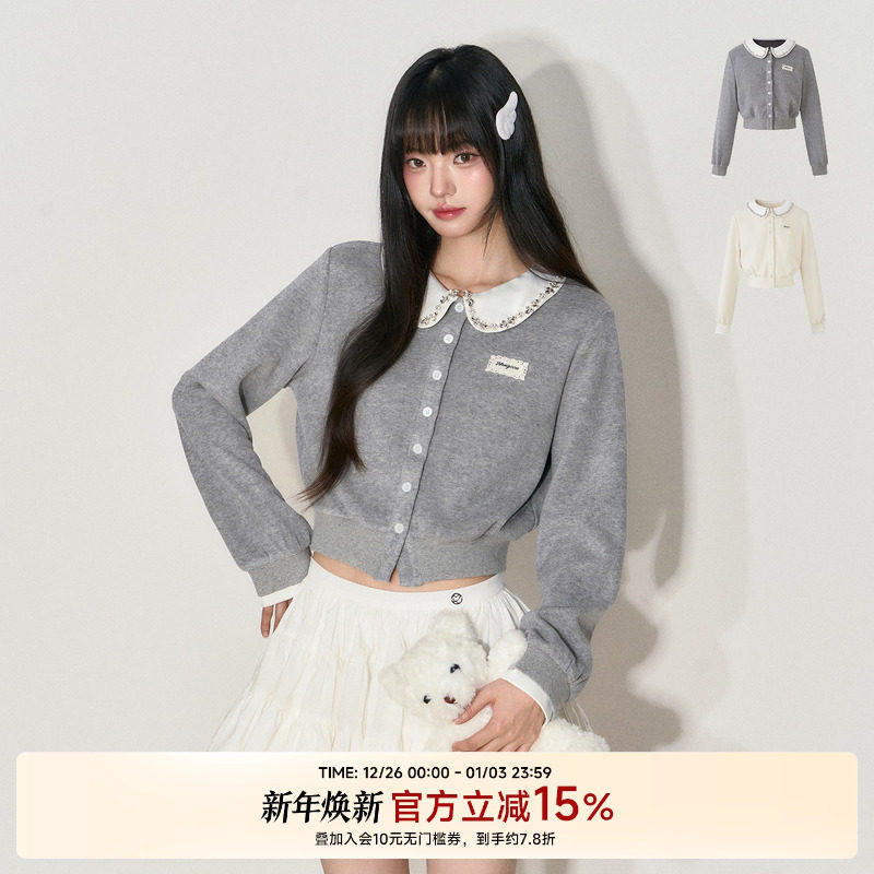 NANGOON 清冷气质娃娃领水钻针织拼接收腰打短款上衣加绒外套女