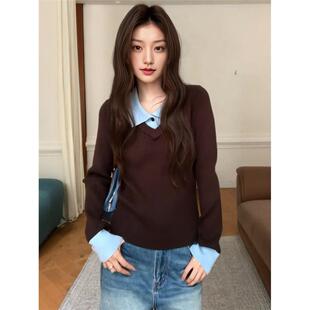 大码韩系翻领假两件针织衫女毛衣秋季新款覆古棕色内搭打底衫上衣