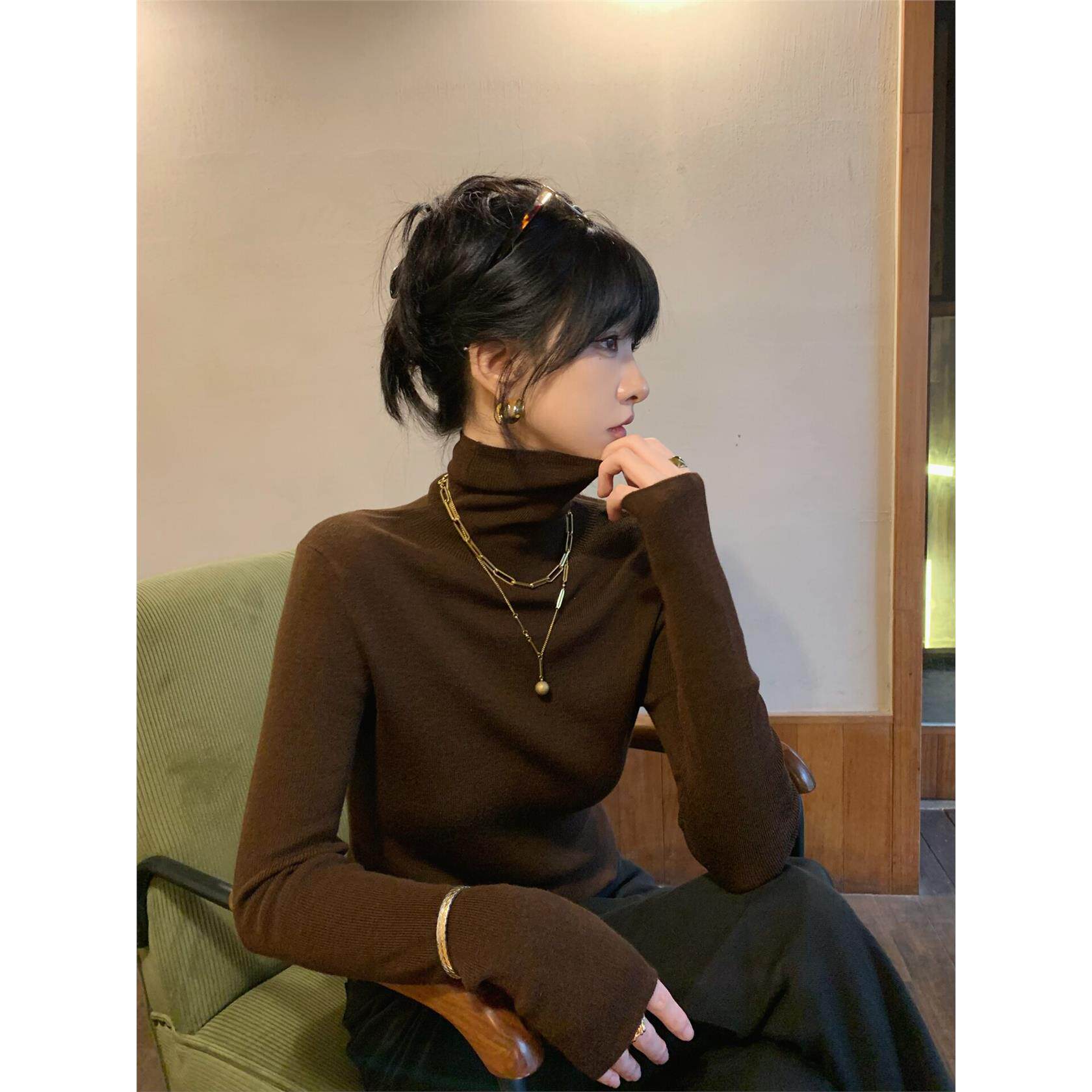 软糯羊毛衫女高领冬季打底针织衫咖色薄款内搭长袖气质高级感上衣