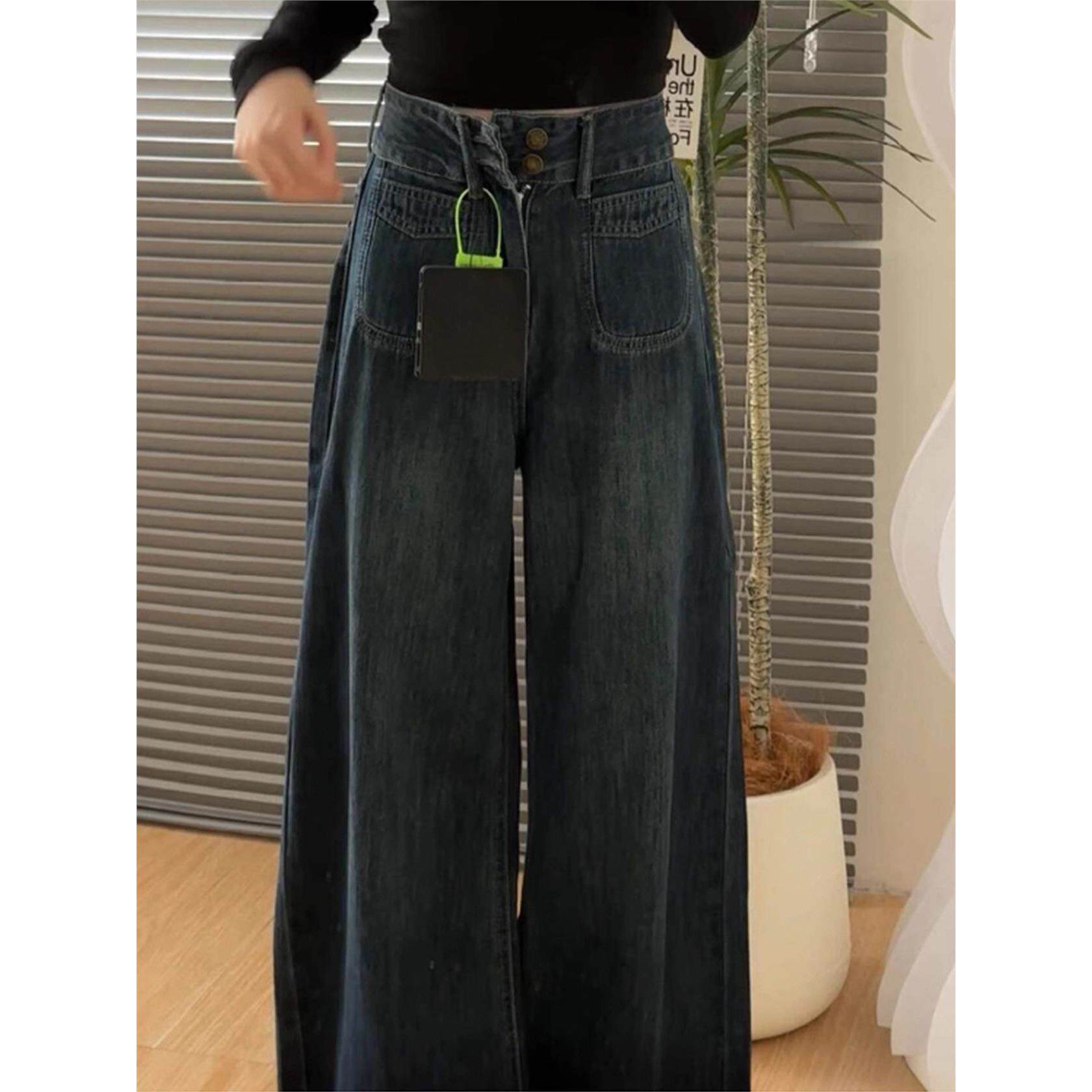 覆古阔腿牛仔裤女大码秋小个子垂感慵懒松弛感裤子胖mm显瘦阔腿裤