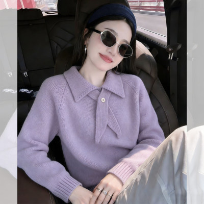 紫色翻领软糯针织衫毛衣