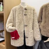 外套女牛角扣仿皮草皮毛一体气质大衣 仿花狐貂中长款 韩系冬季 新款