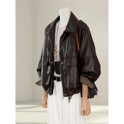 高级感超火咖色皮衣外套