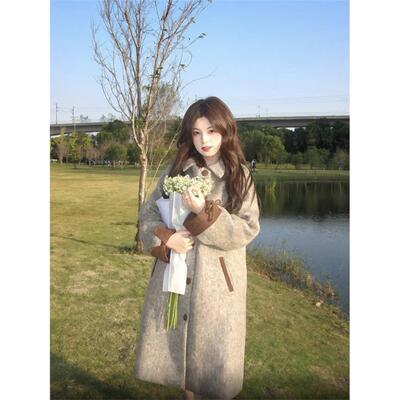 拼色领呢子大衣女2025秋