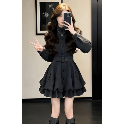 法式高级感灰色长袖洋装