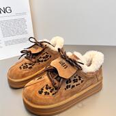 加绒保暖雪地靴子复古豹纹毛毛板鞋 2025秋冬新款 真皮厚底德训鞋 女